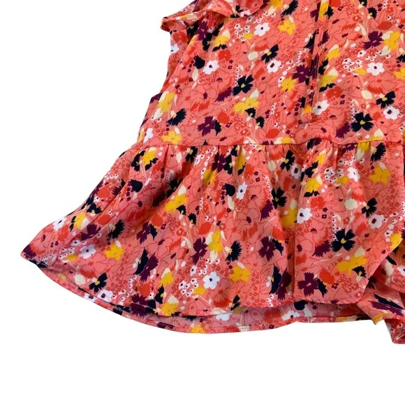 GAP Womens XL Coral Pink Floral Peplum Blouse Short Sleeve Tie Neck Top - Picture 3 of 3